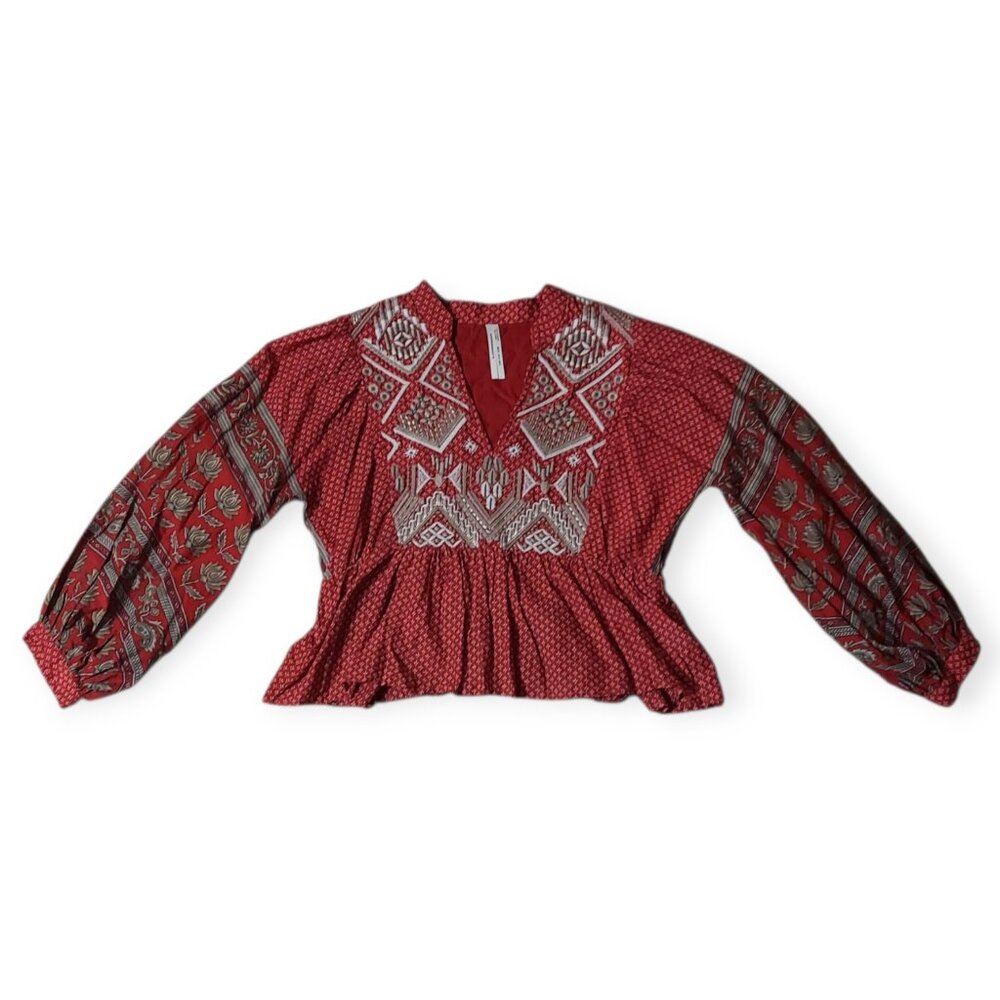 Anthropologie Blouse Keira Boho Embroidered Long Sleeve Peasant Peplum Top S-4P